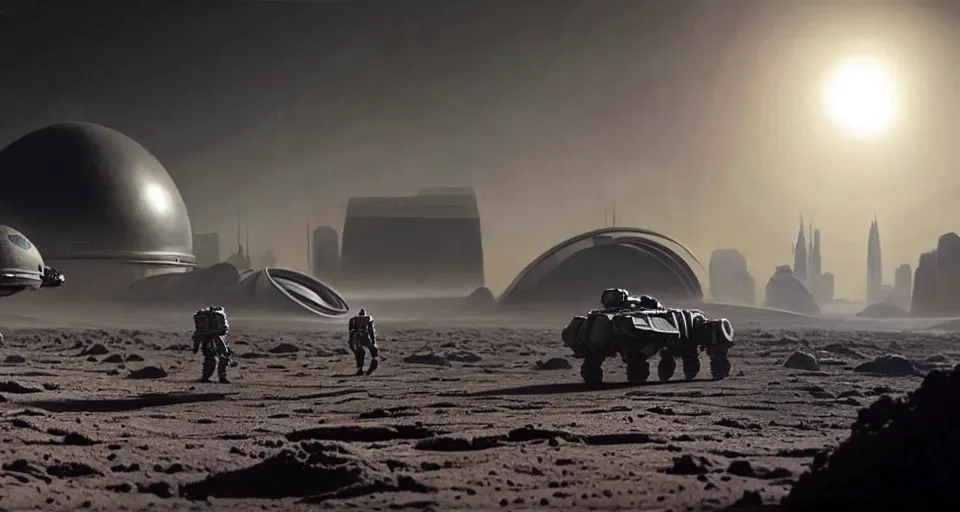 Prompt: hyper realistic sci - fi matte concept art painting of battlemech walking on the surface of the moon with a domed city in the background, beautiful details, strong composition painted by kim jung guweta studio rutkowski, james gurney and greg rutkowski, and lucasfilm, smooth, intricate, detailed, sharp focus, cinematic