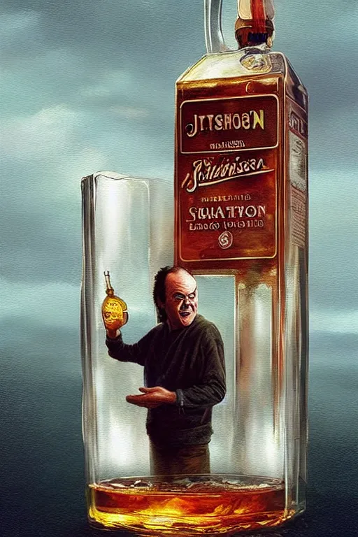 Image similar to a ship in a bottle but instead of a ship it is jack nicholson in the bottle, the shining, whiskey bottle, masterpiece painting by artgerm, ruan jia, tom bagshaw