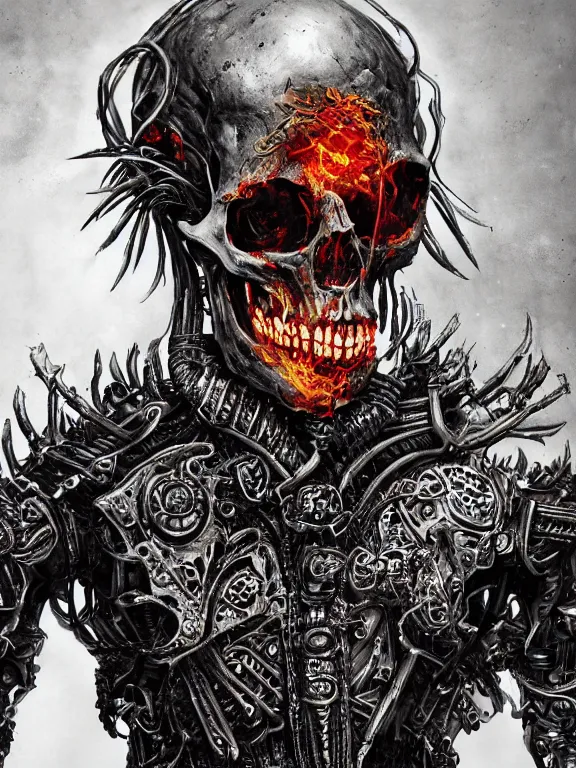 Prompt: portrait art of 8k ultra realistic undead corrupted flaming skull , detailed intricate ornate armour,decaying, cybernetic, full of colour, cinematic lighting, battered, trending on artstation, 4k, hyperrealistic, focused, extreme details,unreal engine 5, cinematic, masterpiece, art by ayami kojima, giger