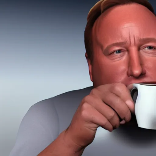 Image similar to alex jones swallowing a coffee mug, photorealistic,