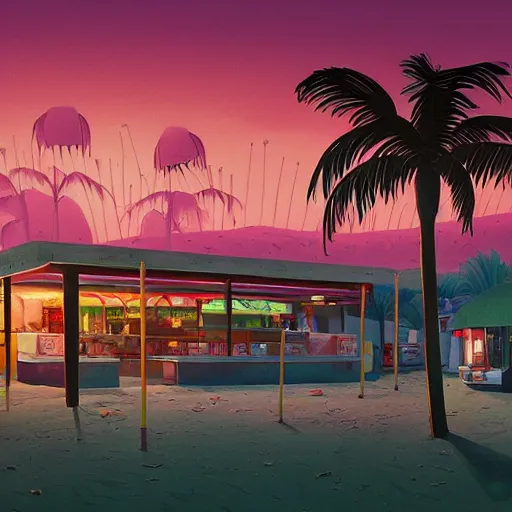 Image similar to inside beachfront fast food restaurant with palm trees by simon stalenhag