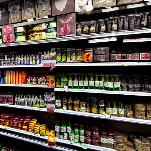 Image similar to Orc's in a dark scary supermarket in Mordor, very wide shot, shelves are full of arcane wares, tinctures, mouldy vegetables, dark coloured toiletries and animal body parts. Sauron is working on each checkout. 8k render