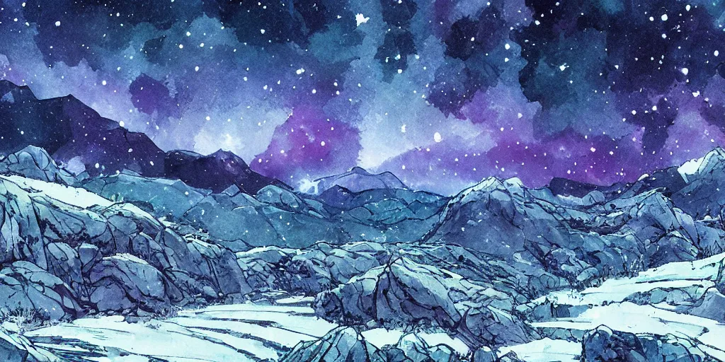 Image similar to stunning cold mountain landscape with sky full of galaxies by posuka demizu