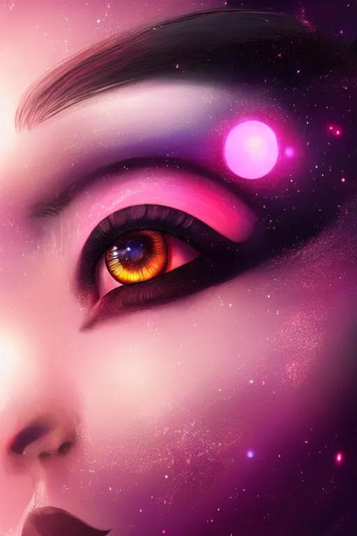 Image similar to beautiful hyper realistic, moonbow queen, highly detailed, artgerm, artstation, deviantart, black, malicious, dark, extreme closeup three-quarter android portrait, tilt shift LaGrange point orbit background, three point perspective, focus on portrait of two androids; pointé pose; eye contact, kinemacolor, soft lighting