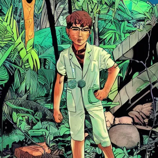 Prompt: Sergio Bleda and Jérémy Petiqueux and Alex Maleev artwork of a boy super scientist in a retro jungle explorer costume