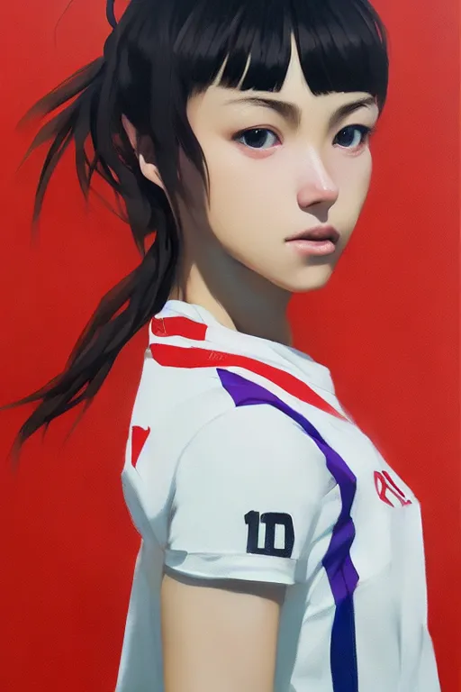 Prompt: A ultradetailed beautiful panting of a stylish girl wearing a volleyball jersey, Oil painting, by Ilya Kuvshinov, Greg Rutkowski and Makoto Shinkai