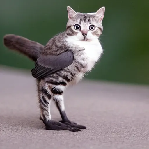Image similar to cat bird hybrid, cute, with very strong and muscular legs