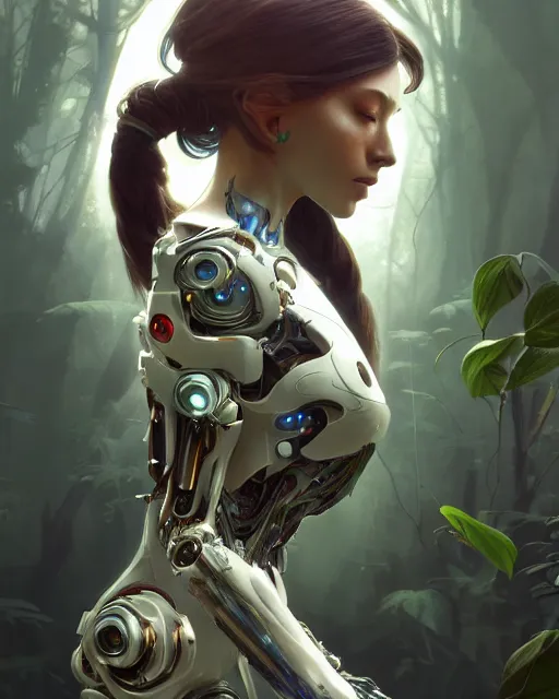 Image similar to beautiful digital painting of a stylish cyborg forest with high detail, real life skin, 8 k, stunning detail, works by artgerm, greg rutkowski and alphonse mucha, unreal engine 5, 4 k uhd