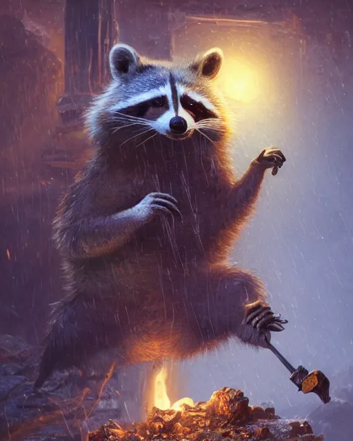 Image similar to oil painting of poor anthropomorphized raccoon mining gold, close shot, full body, dark steampunk mine shaft background, sharp focus, fantasy style, octane render, volumetric lighting, 8k high definition, by greg rutkowski, highly detailed, trending on art Station, dungeons and dragons artwork, centered