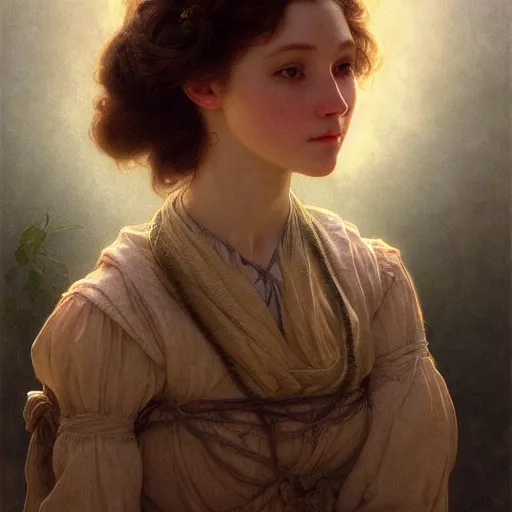 Image similar to Portrait of beautiful pale peasant girl, cinematic lighting, intricate, elegant, highly detailed, digital painting, artstation, smooth, sharp focus, illustration, art by artgerm and greg rutkowski and alphonse mucha and Wayne Barlowe and william-adolphe bouguereau