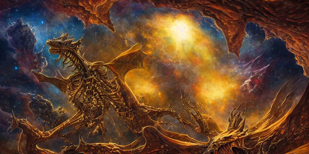 Image similar to a cinematic shot of a dragon skeleton in outer space, epic nebula, Dan Seagrave art