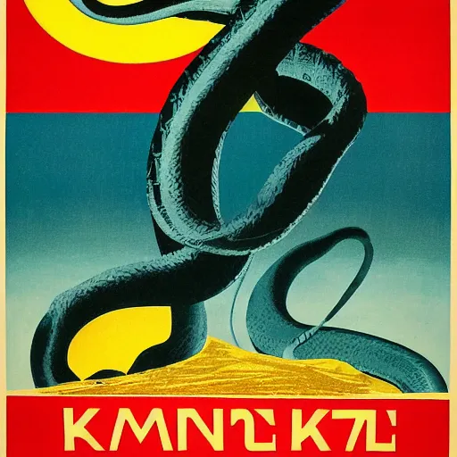 Image similar to soviet propaganda poster featuring a snake tangled on planet earth, view from space