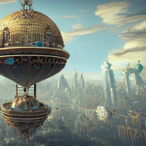 Image similar to enormous flying city in a faberge egg, sky, steampunk, fantasy art, masterpiece, unreal engine