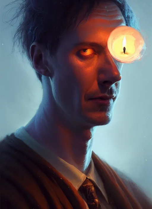 Image similar to closeup realistic portrait of a male necromancer, backlit, candlelit, oil painting, concept art, filip hodas, john howe, mike winkelmann, jessica rossier, andreas rocha, bruce pennington, albert bierstadt, peter mohrbacher, donato giancola, joseph christian leyendecker, wlop, boris vallejo