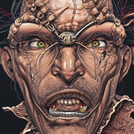 Prompt: portrait closeup of crazy captain hook, galleons, symmetrical, hyper detailed, by yoichi hatakenaka, masamune shirow, josan gonzales and dan mumford, ayami kojima, takato yamamoto, barclay shaw, karol bak, yukito kishiro