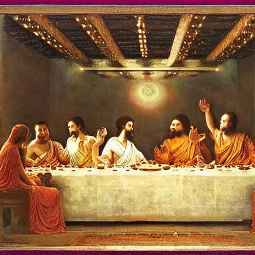 Image similar to buddha explaining the universe in last supper painting by gaston bussiere, craig mullins, j. c. leyendecker, lights, art by ernst haeckel, john william godward, hammershøi,,