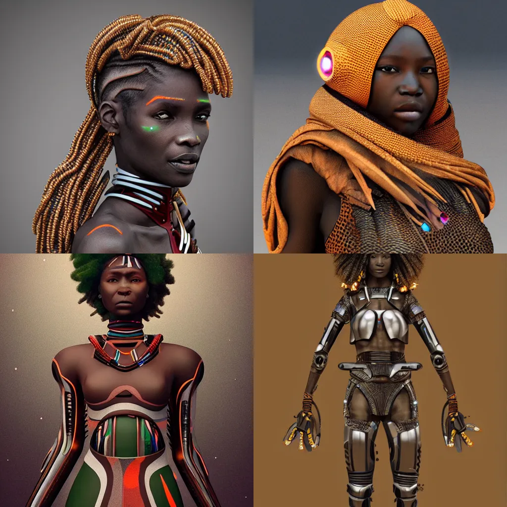 Prompt: beautiful afrofuturistic himba women, otjize, led detailed spacesuit, himba hairstyle, robotic arms, hyperrealistic, scifi, concept art, stylized, dark, muted colors