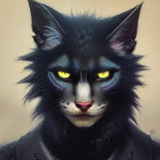 Prompt: portrait painting of a punk catfolk bard with blue eyes and black fur, ultra realistic, concept art, intricate details, eerie, highly detailed, photorealistic, octane render, 8 k, unreal engine. art by artgerm and greg rutkowski and charlie bowater and magali villeneuve and alphonse mucha