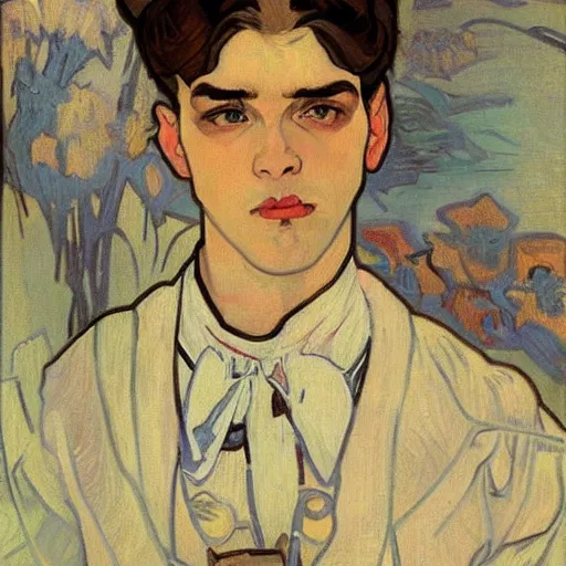 Image similar to painting of grumpy taehyung in a maid outfit, elegant, clear, painting, stylized, art, art by alphonse mucha, vincent van gogh, egon schiele,