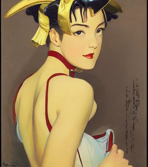 Image similar to j. c. leyendecker painting of an anime woman, direct flash photography at night, film grain