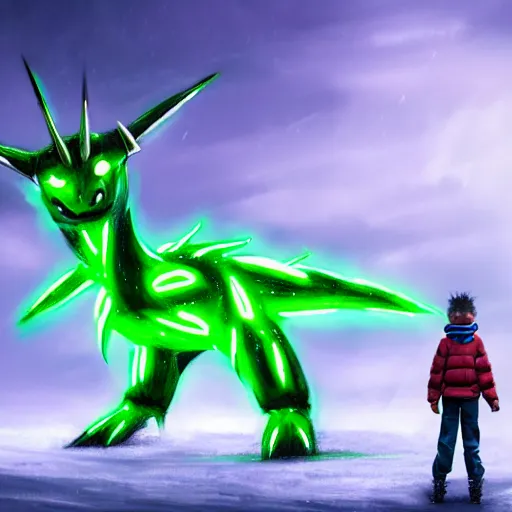 Image similar to a boy in winter clothing, standing in front of a big neon green metallic dialga, concept art, digital art, very detailed, anime, back - shot, realistic, d & d, pokemon, 8 k hd