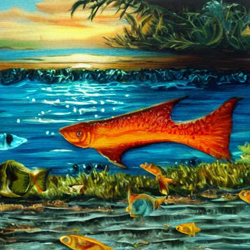 Prompt: a million fish on the side of the road oil painting