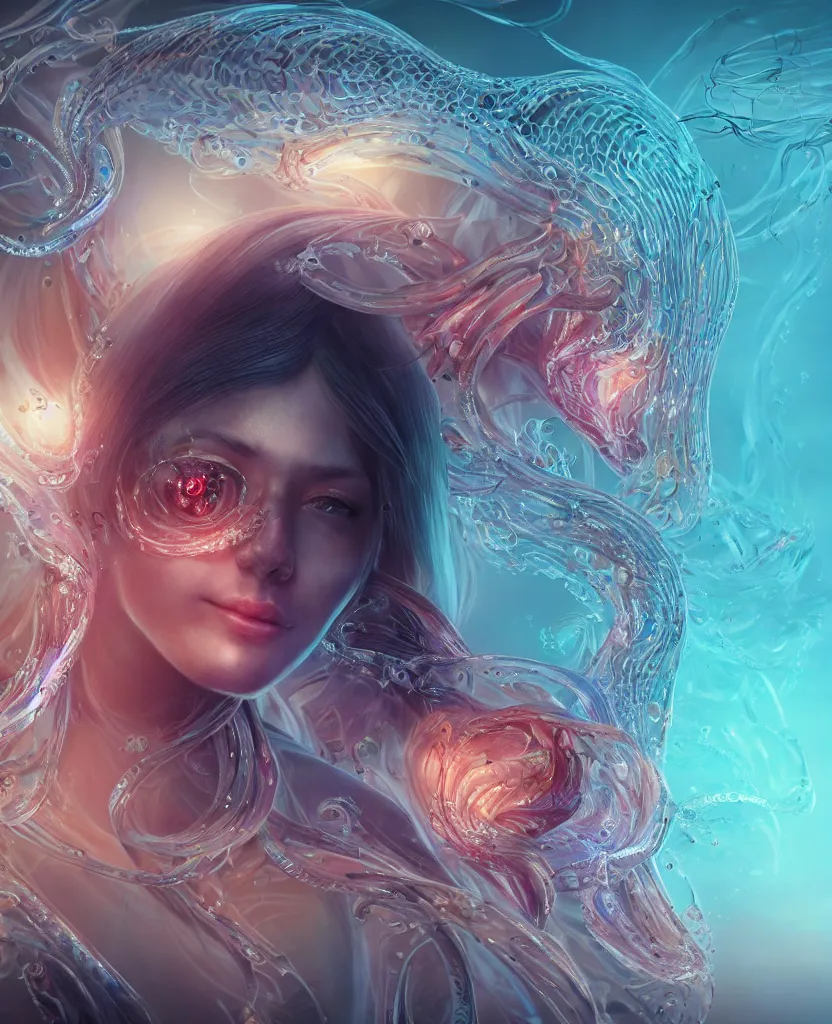 Image similar to close-up macro portrait of the face of a beautiful princess, epic angle and pose, symmetrical artwork, 3d with depth of field, blurred background, cybernetic jellyfish female face skull phoenix bird, translucent, nautilus, energy flows of water and fire. a highly detailed epic cinematic concept art CG render. made in Maya, Blender and Photoshop, octane render, excellent composition, cinematic dystopian brutalist atmosphere, dynamic dramatic cinematic lighting, aesthetic, very inspirational, arthouse. y Greg Rutkowski, Ilya Kuvshinov, WLOP, Stanley Artgerm Lau, Ruan Jia and Fenghua Zhong