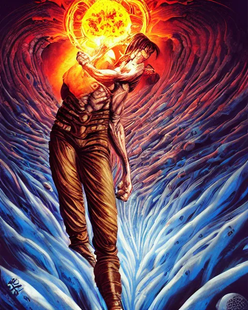 Image similar to fist of the north star, by antonio j. manzanedo, giger, alex grey, android jones, wayne barlowe, philippe druillet, raymond swanland, cyril rolando, josephine wall, harumi hironaka, trending on artstation