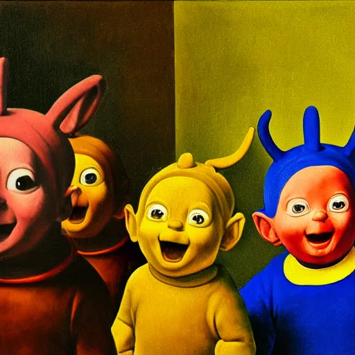 Image similar to painting of the teletubbies with the pearl earring, in the style of johannes vermeer