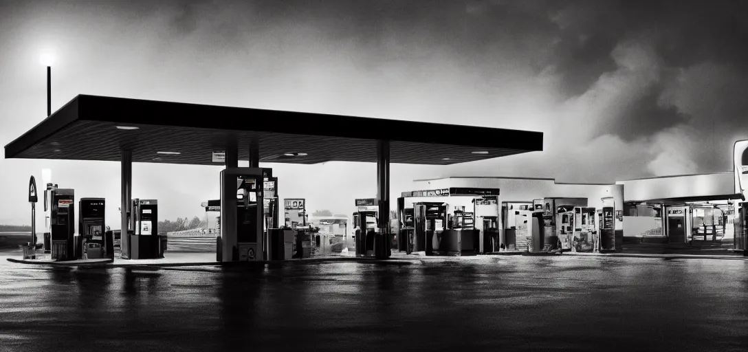 Image similar to Look of a lonely gas station, rain, night, noire moody scene, digital art, 8k, moody details