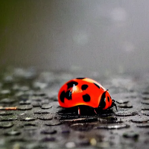 Image similar to a ladybug crawling on a sidewalk, it is night and raining, bushes in the background, moody lighting, peaceful atmosphere, digital art, highly detailed, high contrast, beautiful lighting, award winning, trending on art station, 8 k,