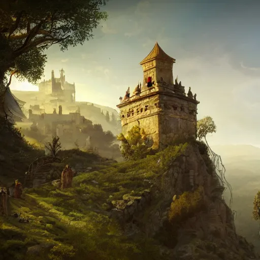 Image similar to ancient tower in top of lush mountain overlooking a valley with large medieval baroque city, mythical ambiance, sharp focus, highly detailed, cgsociety