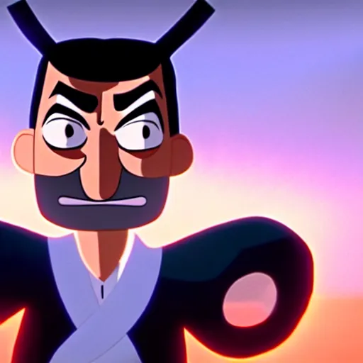 Image similar to mr. bean as samurai jack. movie still. cinematic lighting.