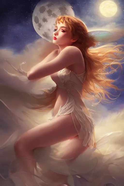 Image similar to attractive fairy magically floating high in the night, fantasy, full moon in background. highly detailed painting by artgerm, mid shot, 8 k