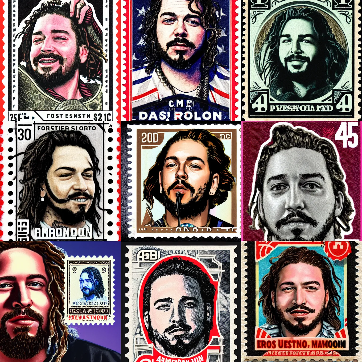 Prompt: a closeup photorealistic illustration of post malone holding up a vintage american postage stamp with his face on it. fine detail. this 4 k hd image is trending on artstation, featured on behance, well - rendered, extra crisp, features intricate detail, epic composition and the style of unreal engine.