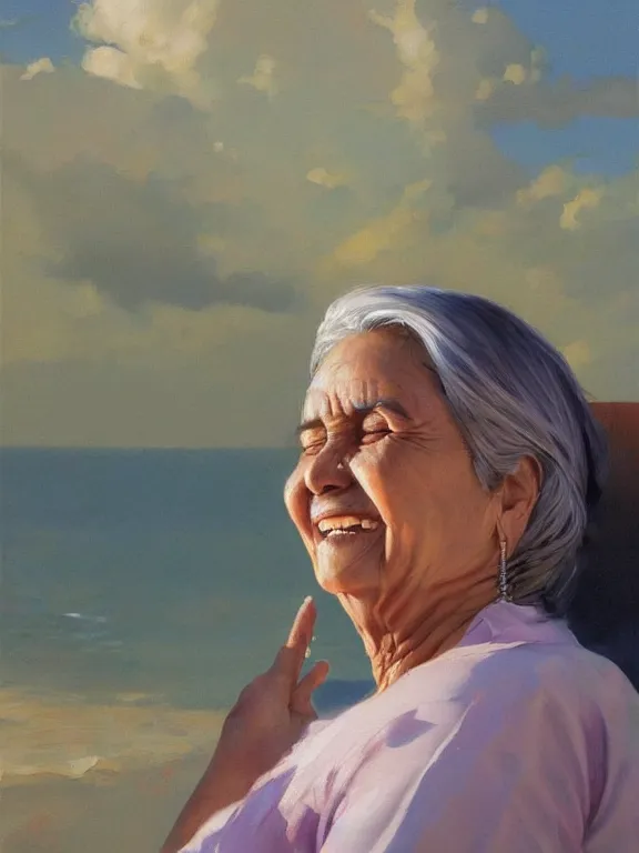 Prompt: an ultradetailed beautiful portrait painting of an older cuban woman smiling with closed eyes whilst enjoying the sun, side view, oil painting, high resolution, by ilya kuvshinov, greg rutkowski and makoto shinkai