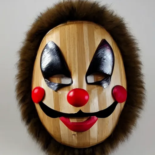 Image similar to wooden clown mask with long fang like incisors