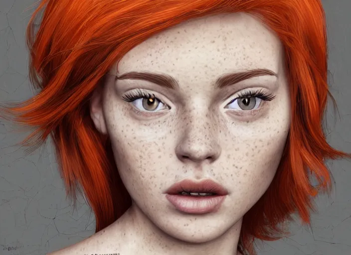 Image similar to portrait Girl with orange hair and freckles, cute-fine-face, white-hair pretty face, realistic shaded Perfect face, fine details. realistic shaded lighting by (((Yasar Vurdem)))