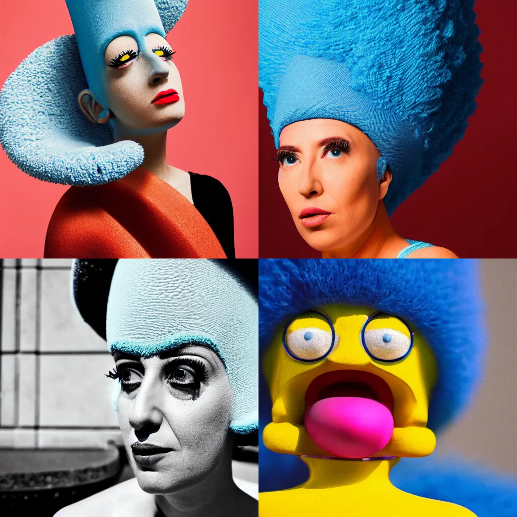 Prompt: Photo of Marge Simpson as a real person in the style of Mario Testino, award-winning, 82 mm sigma art lens, close up