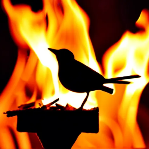 Prompt: a small bird burning love letters on a fire