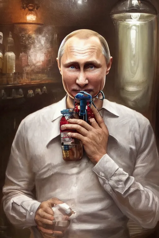 Prompt: hyperrealistic painting of Vladimir Putin wearing an oxygen mask on a death bed inhaling from Copium tank, dimly lit cozy tavern, leather tunic, confident relaxed pose, d&d, stunning 3d render inspired art by Tim Okamura and Lise Deharme + perfect facial symmetry + dim volumetric lighting, 8k octane beautifully detailed render, post-processing, extremely hyperdetailed, intricate, epic composition, grim yet sparkling atmosphere, cinematic lighting + masterpiece, trending on artstation, very very detailed, masterpiece, stunning