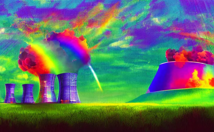 Image similar to artwork of an exploding nuclear reactor with all the colors of the rainbow, sunny sky, green fields, digital art, masterpiece, 4k