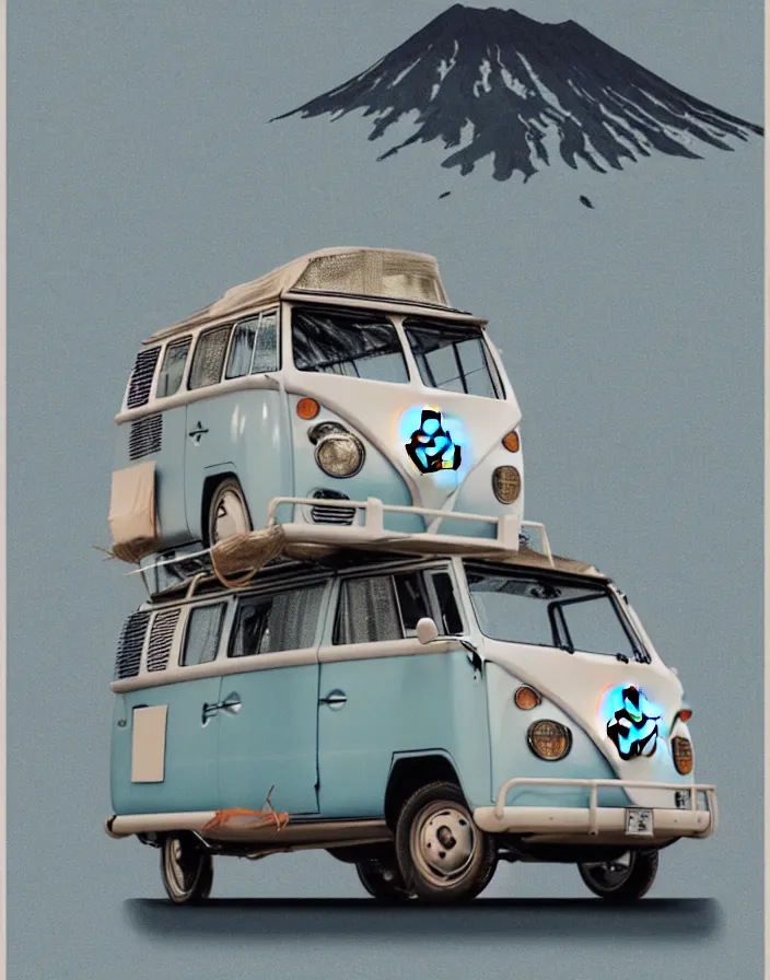 Prompt: front view vw camper touring rural japan, a collage painting, in the style of wes anderson, lola dupre, david hockney, isolated on negative white space background dark monochrome fluorescent spraypaint accents volumetric octane render