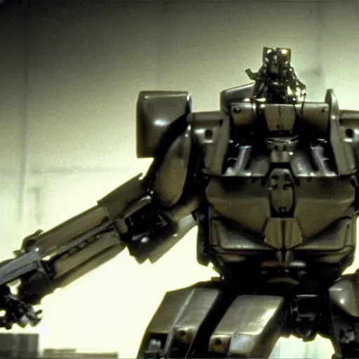 Prompt: metal gear mech in a warehouse, dramatic shot, 1 9 8 7, movie still