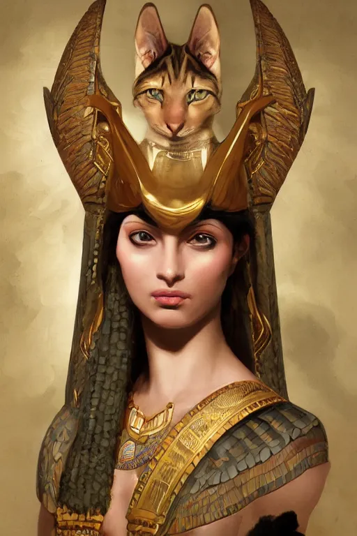 Image similar to portrait of the beautiful egyptian goddess, bastet, bast, woman / cat hybrid, soft torchlight in an egyptian tomb, digital art by ruan jia and mandy jurgens and artgerm and william - adolphe bouguereau, highly detailed, trending on artstation, award winning,