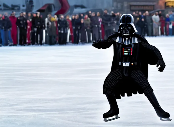Image similar to film still of Darth Vader goes ice skating in the new Star Wars movie, 4k