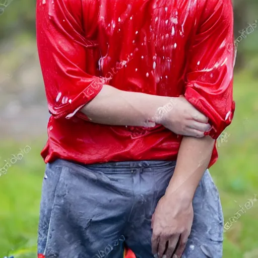 Image similar to sweaty young blond man wearing a soaked red shirt, his hair is wet and messed up, he is sad and lonely