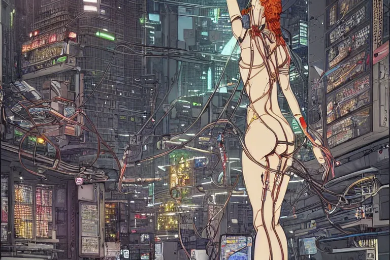 Image similar to an intricate, awe inspiring cyberpunk illustration of a female android body lying open on a labor floor, wires and cables coming out, by masamune shirow and katsuhiro otomo ((colorful))