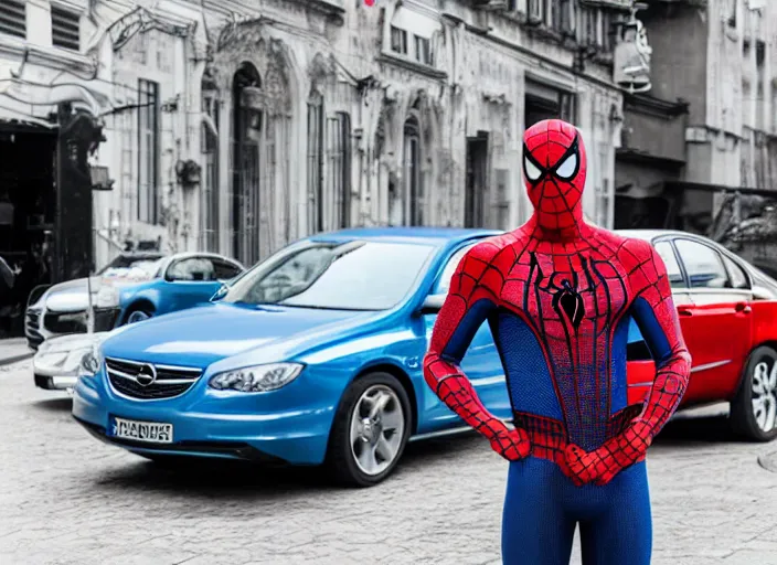 Image similar to spiderman stand next to opel sedan