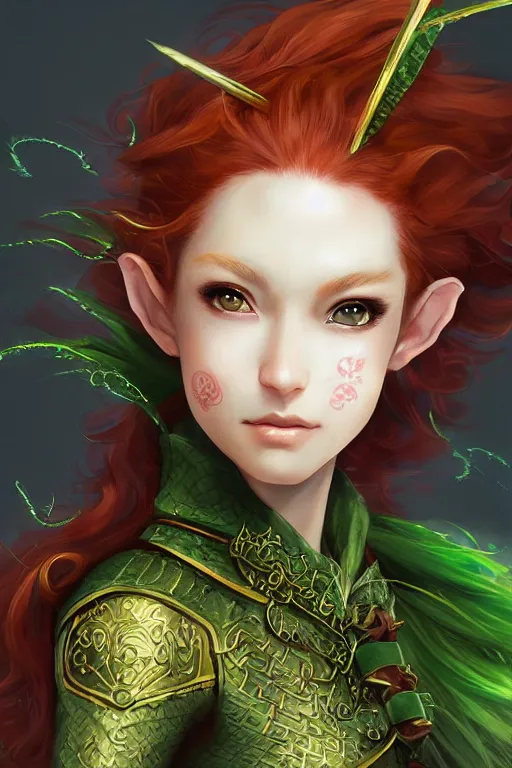 Prompt: A realistic anime portrait of long curly haired redhead female elf ranger wearing an intricate fantasy ranger outfit, asian facial features, green eyes, digital painting, by Stanley Artgerm Lau, Sakimichan, WLOP and Rossdraws, digtial painting, trending on ArtStation, SFW version